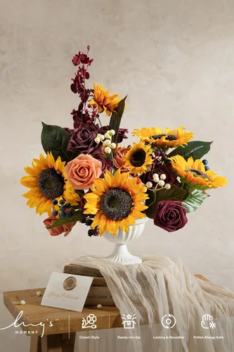 Miniatura 2 de Ling's moment Caja de Flores Falsas, Tallos de Follaje Artificial Falso, Rosas de Espuma, Bayas de Seda, Girasol, Flor de Tela para Centros de Mesa