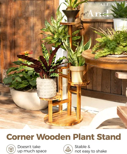 Miniatura 6 de Bamworld Soporte para plantas de interior, soporte de madera de 4 niveles para múltiples plantas, soportes de esquina altos para plantas al aire