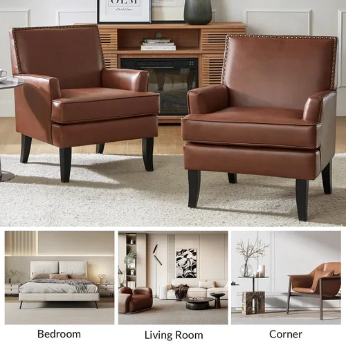 Miniatura 7 de HULALA HOME Silla decorativa moderna de piel sintética, cómoda silla tapizada con ribete de cabeza de clavo, sillón para sala de estar y dormitorio