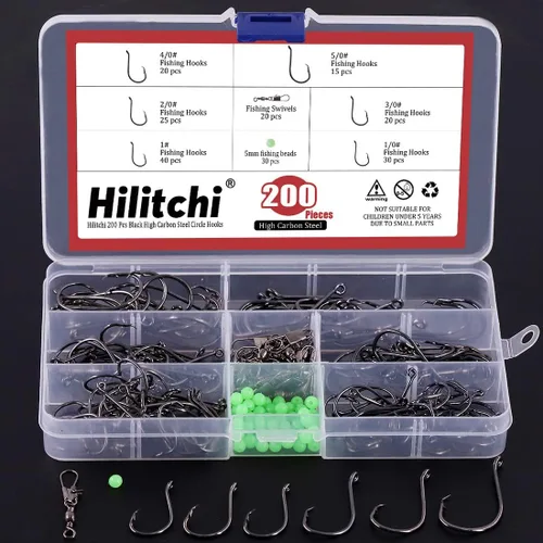 Miniatura 7 de Hilitchi 200 ganchos de pesca de 6 tamaños, diseño de punto compensado en acero de alto carbono, ganchos circulares para agua salada y agua dulce