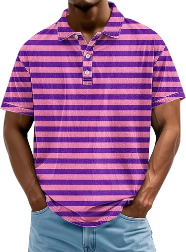 Miniatura 15 de Camisa polo de manga corta para hombre, camiseta de golf a rayas, de manga corta, para vacaciones, casual, cuello en V, camiseta de verano con Rojo