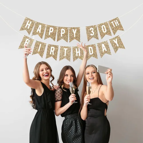 Miniatura 7 de Cartel de feliz cumpleaños número 30 pre-encordado – No DIY – Cartel de fiesta de 30 cumpleaños con purpurina dorada – Guirnalda preencordada