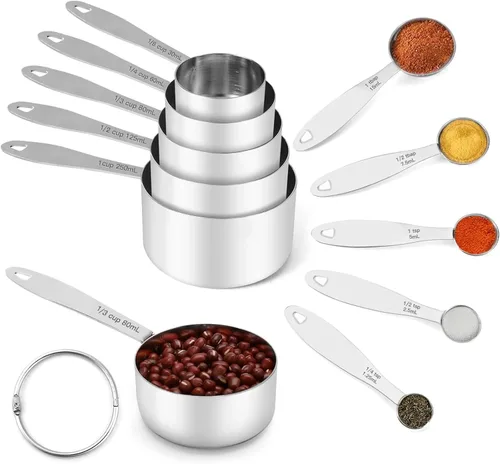 Miniatura 12 de Joyhill Juego de 10 piezas de tazas y cucharas medidoras de acero inoxidable, juego de tazas medidoras de metal anidadas con mangos de silicona