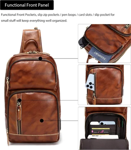 Miniatura 3 de LANNSYNE Bolso bandolera de cuero de grano completo para hombre, mochila cruzada para el pecho para iPad de 10.5 pulgadas