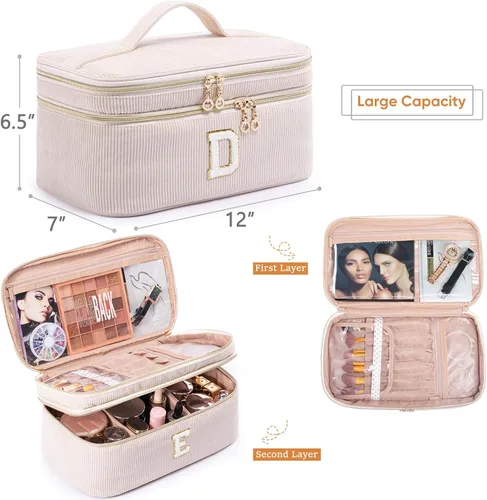 Miniatura 2 de AMOIGEE Organizador de Bolsa de Maquillaje con Inicial, Neceser Personalizado de Doble Capa, Bolsa de Aseo de Viaje para Brochas de Maquillaje