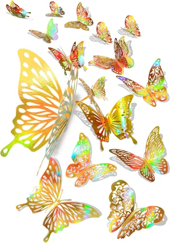 Miniatura 20 de 60 calcomanías de pared de mariposa plateada iridiscente 3D, calcomanías holográficas con 5 estilos murales de papel decorativo para guardería, aula