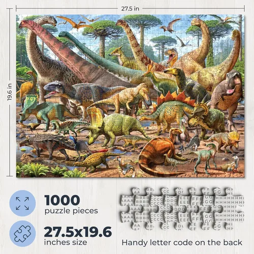 Miniatura 2 de Escena de dinosaurio - Rompecabezas para adultos de 1000 piezas - Ilustración dibujada a mano - Póster 1:1 con nombres y marcas de dinosaurios