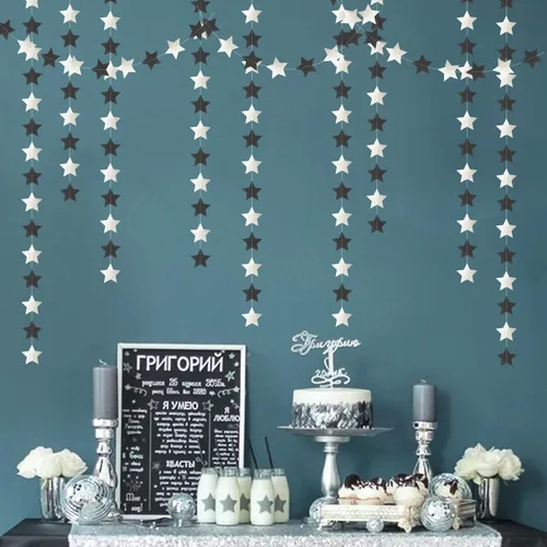 Miniatura 6 de Guirnalda de decoración de cumpleaños y graduación en negro y plata - 18.9 metros de serpentinas brillantes con purpurina y estrellas colgantes