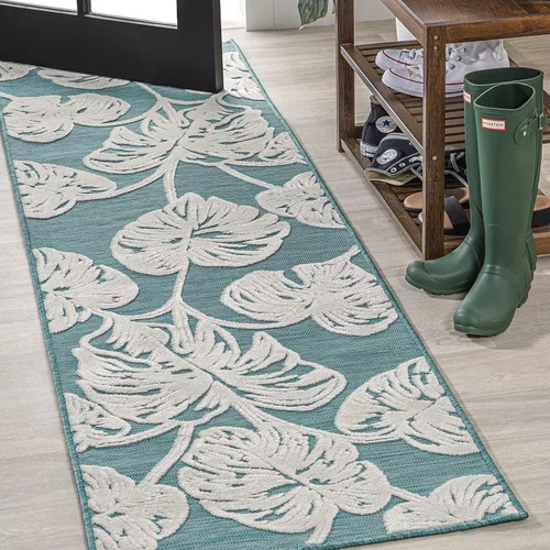 Eyely CWH100C-28 Hawaii Tobago - Alfombra de pasillo de dos tonos con hoja de Monstera para interiores y exteriores, bohemia; moderna, dormitorio,