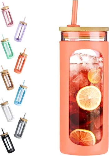 Miniatura 42 de Kodrine Vaso para agua de vidrio de 20 onzas con popote y tapa, botella de agua con tapas de bambú, taza para café helado, reutilizable, boca ancha