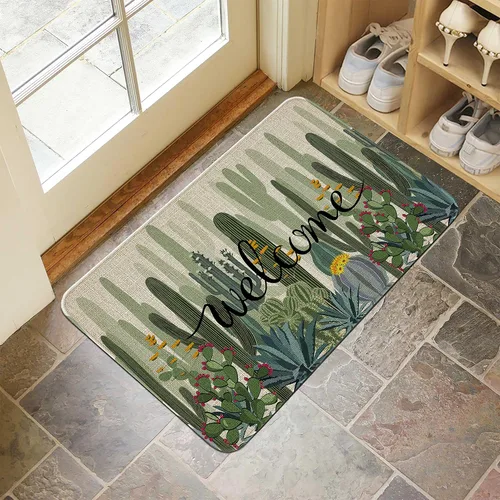 Miniatura 5 de Tapete de bienvenida para puerta de exterior, color verde cactus, 36 x 24 pulgadas, antideslizante, lavable, tapete para puerta de entrada