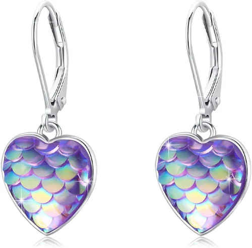 Aretes de plata de ley con forma de corazón y escamas de sirena, hipoalergénicos, coloridos, aretes de aro de sirena para el día de la madre, aretes
