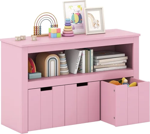 Miniatura 11 de HONEY JOY Organizador de almacenamiento de juguetes para niños, estante de guardería para niños, 3 cajas de juguetes de madera con ruedas, armario