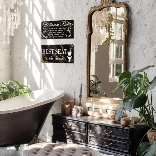 Miniatura 4 de Jetec 2 Piezas Decoración de Pared de Baño, Reglas del Baño, Arte de Pared con Flores, Letreros de Baño Divertidos, Decoración Rústica de Baño