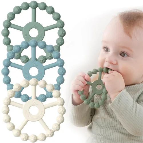 Miniatura 9 de Paquete de 3 Mordedores de Anillo Juguetes para Bebés e Infantes, Artículos Esenciales para Bebés, Juguetes de Anillo de Dentición de Silicona