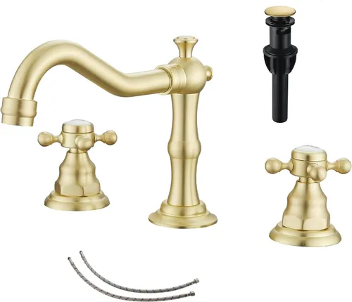 Miniatura 19 de Grifo de 2 manijas para lavabo de baño de tres agujeros, grifo de lavabo extendido, latón antiguo, grifo mezclador con manguera de suministro