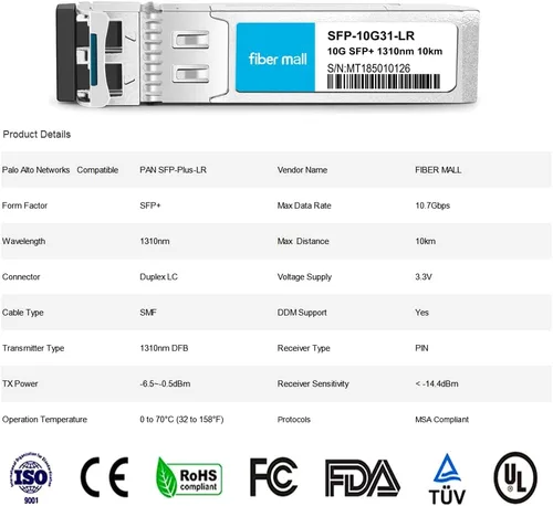 Miniatura 6 de fiber mall SFP 10G LR para Palo Alto Networks PAN SFP-Plus-LR 10GBASE-LR SFP+ 1310nm 10km (6.21 mi) DOM Módulo Transceptor