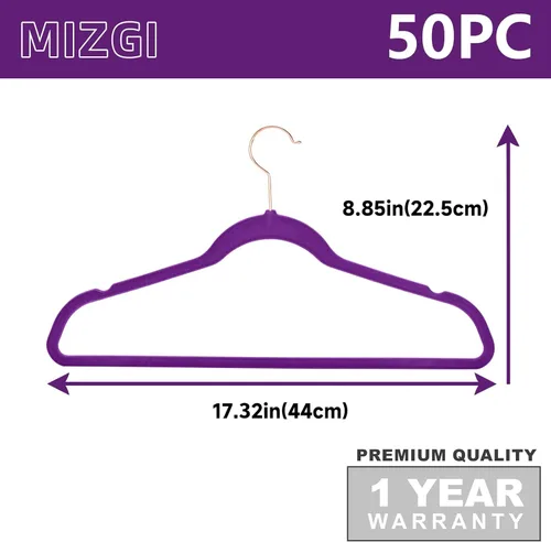 Miniatura 6 de MIZGI Perchas de terciopelo prémium (paquete de 50) resistentes - Percha de fieltro antideslizante - Perchas de terciopelo para trajes, color morado
