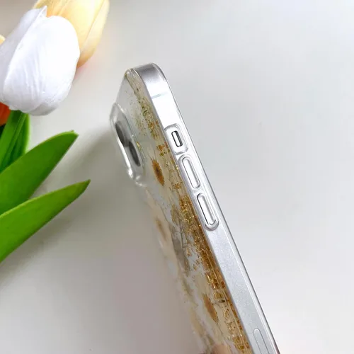 Miniatura 6 de LSEEKA Funda transparente para iPhone 13 Mini/iPhone 12 Mini con diseño de flores reales prensadas, con purpurina, bonito patrón floral blanco, Oro