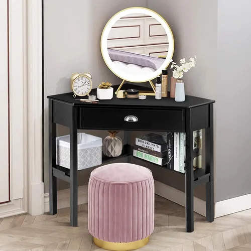 Miniatura 2 de COSTWAY Escritorio esquinero con cajón para espacios pequeños, tocador de maquillaje de madera, estantes, estación de trabajo de estudio de oficina