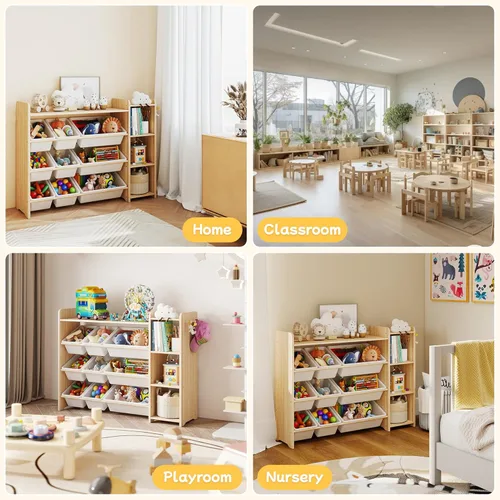 Miniatura 6 de GITAWUSA Organizador de almacenamiento de juguetes para niños, estante de madera con 3 niveles y 9 contenedores de almacenamiento, organizador