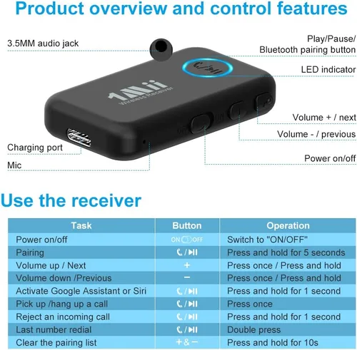 Miniatura 7 de 1Mii Receptor de música Bluetooth 5.3 para estéreo de coche/hogar, adaptador Bluetooth auxiliar para automóvil con control de volumen, soporta