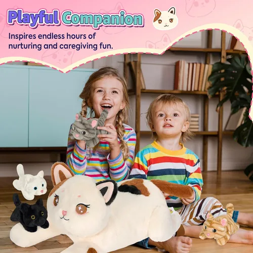 Miniatura 6 de Onsoyours Original 5 piezas de animales de peluche de gato con bebés adentro, peluche Kawaii Kiity con mamá y 4 gatitos - Lindos juguetes de peluche