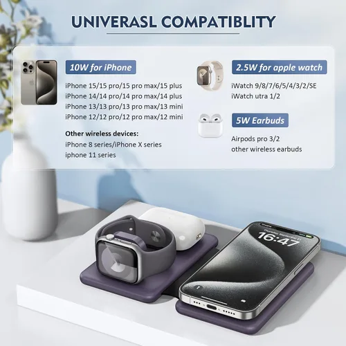 Miniatura 2 de Cargador inalámbrico iPhone - Estación de carga 3 en 1 para dispositivos Apple para iPhone 17 16 15 14 13 12 Pro Max Plus - Almohadilla de carga