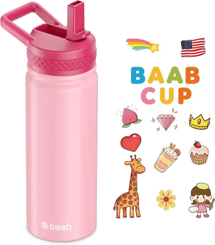 Miniatura 10 de baab Botella de agua para niños de 18 onzas, botella de agua aislada con popote y calcomanías, taza con popote de agua para niños de acero