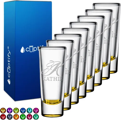 Miniatura 58 de Vaso de chupito personalizado con fondo verde azulado personalizado de 2 oz, vasos de chupito cordial con inicial en script dividido y nombre