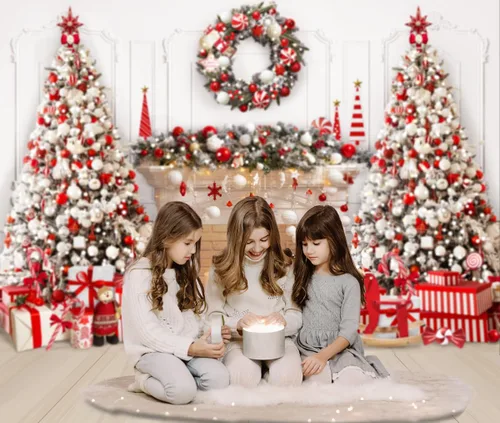 Miniatura 6 de Mocsicka Telón de fondo para chimenea de Navidad blanco y rojo, fondo para fotografía de árbol de Navidad, invierno, Navidad, familia, niños, fiesta