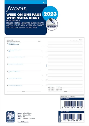 Miniatura 6 de Filofax Calendario de recambio de diario, tamaño A5, semana en una página con notas, libro blanco, multilingüe: cinco idiomas, 2024 (C68509-24)