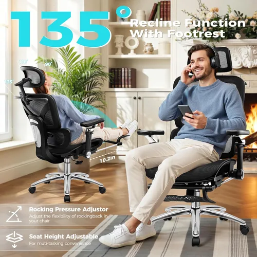 Miniatura 6 de Ergonomic Mesh Office Chair with Footrest, Big and Tall Home Desk Chair with 5D Flip-Up Arms, Adjustable Lumbar Support, Gaming & Executive Computer