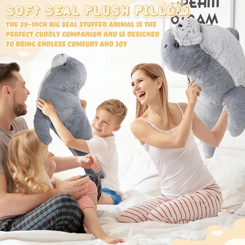 Miniatura 6 de Poen Peluche de foca gigante de 39 pulgadas, grande, grande, suave, tierno, color gris, adorable almohada grande, regalo para niños, compañero