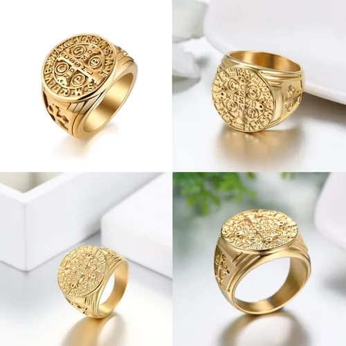 Miniatura 4 de Anillo de exorcismo de San Benito para hombre, acero inoxidable, cruz católica, oro y cazador de fantasmas, talla 8-13, con caja de regalo