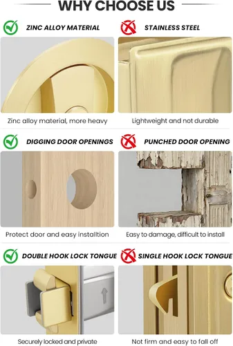 Miniatura 6 de goldenwarm Cerradura de Puerta Corrediza Redonda de Níquel Cepillado, Herrajes para Puerta Corrediza para Orificio Redondo de 2-1/8'', Manijas