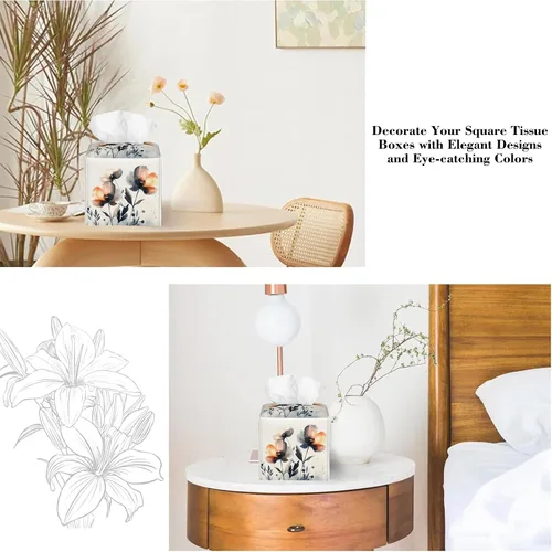 Miniatura 5 de Caja de pañuelos con diseño floral de amapola marrón con acuarela, diseño de flores abstractas de cuero, soporte decorativo para caja de papel