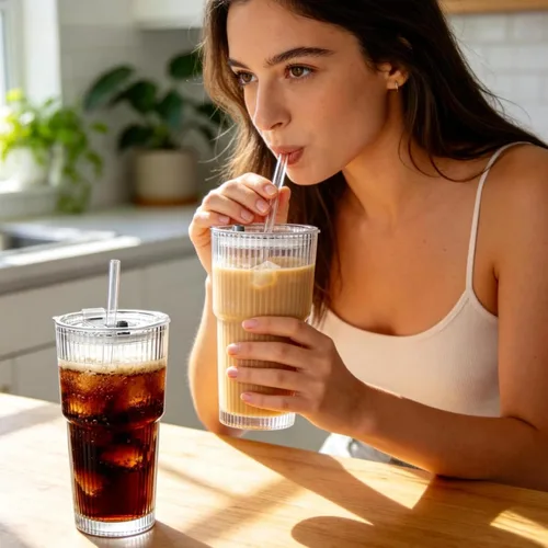 Miniatura 6 de Vaso de vidrio acanalado de 20 onzas, tazas de café helado con tapas y pajitas, vaso grueso reutilizable para llevar, ideal para café, batidos