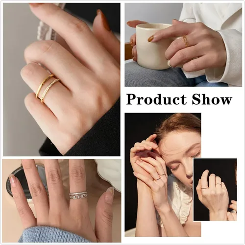 Miniatura 2 de Honsny Juego de 8 anillos apilables chapados en oro de 14 quilates para mujer, anillos apilables de oro plateado dorado y plateado para nudillos