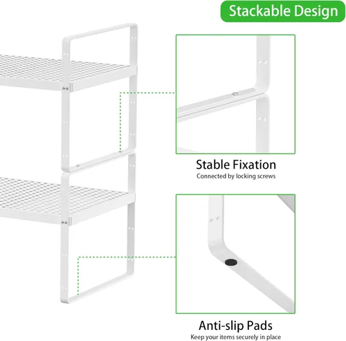 Miniatura 5 de Estante de Almacenamiento de Gabinete Expandible Organizador Apilable para Cocina Baño Despensa Especias Alacena Café Encimera Hogar Oficina Blanco
