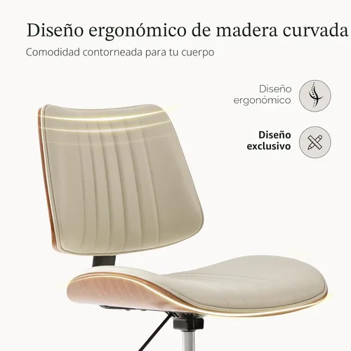 Miniatura 5 de HULALA HOME Silla de oficina en casa de piel sintética con patas de madera maciza, silla de escritorio giratoria de 360°, sin ruedas con diseño