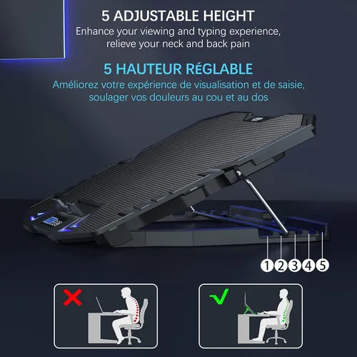 Miniatura 2 de TopMate refrigerador para laptop gamer de 12-15.6 pulgadas, cinco ventiladores silenciosos y pantalla LCD, fuerte velocidad de viento de 2500 RPM