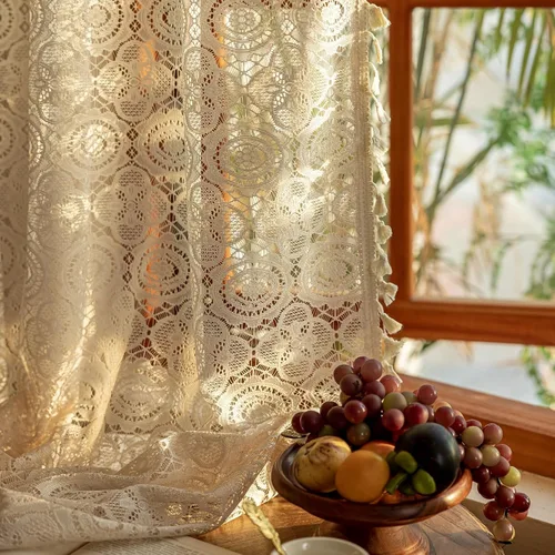 Miniatura 53 de YJ YANJUN - Cortinas de café boho, 24 pulgadas de largo, 2 paneles, cada una de 59" de ancho x 24" de largo, beige, con crochet, cortinas de cocina