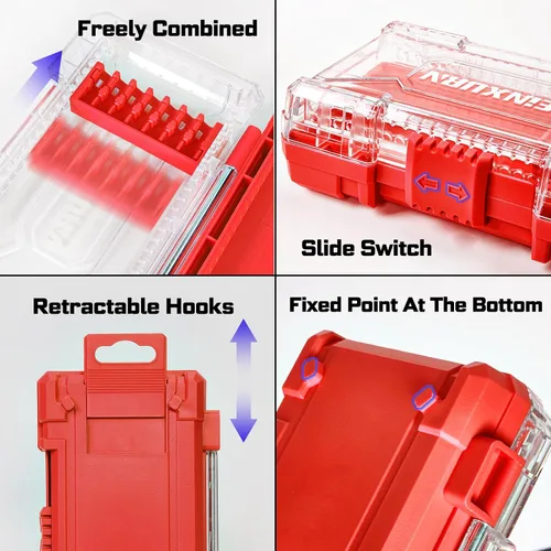 Miniatura 4 de Geinxurn Caja de almacenamiento roja de 1 pieza, caja de piezas pequeñas con divisor desmontable, caja de juego de brocas de destornillador
