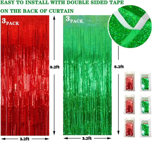 Miniatura 2 de Paquete de 6 cortinas de flecos de aluminio, decoración de fiesta de Navidad, cortinas brillantes metálicas rojas y verdes, 3.28 x 8.2 pies
