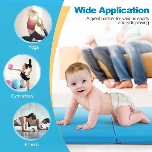 Miniatura 8 de Goplus Esterilla de Gimnasia Plegable, 6' x 2' x 2'' de Grosor Tri-Fold Esterilla de Ejercicio y Volteretas con Asas de Transporte, Cierre de Gancho