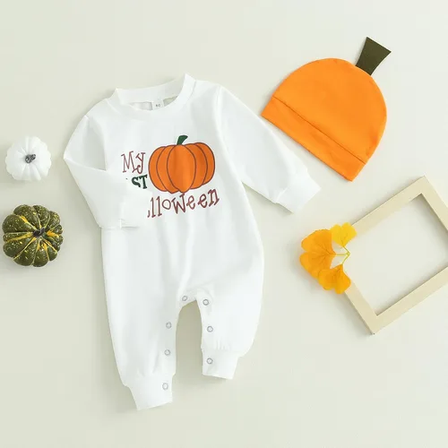 Miniatura 8 de Ynibbim Mameluco de Halloween para bebé niño con estampado de calabaza a cuadros de manga larga y gorro conjunto para bebé