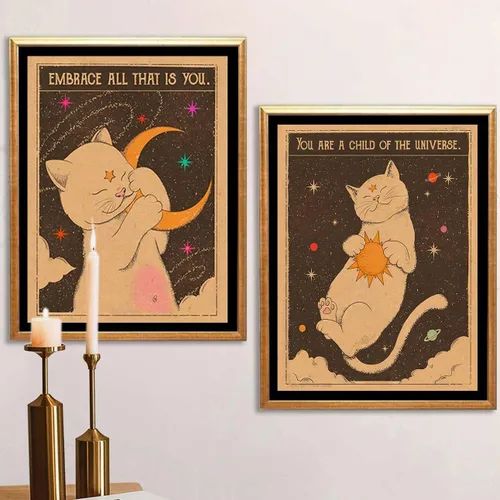 Miniatura 8 de 2 piezas de carta de tarot retro, póster de impresión de sol, luna, gato, arte de pared, hippie, bohemio, estética, decoración de habitación