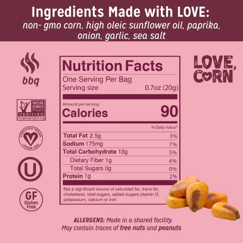 Miniatura 2 de LOVE CORN BBQ 0.7oz x 20 bolsas – Delicioso maíz crujiente – Snacks familiares saludables – Sin gluten, Kosher, sin OGM – Alternativa para papas
