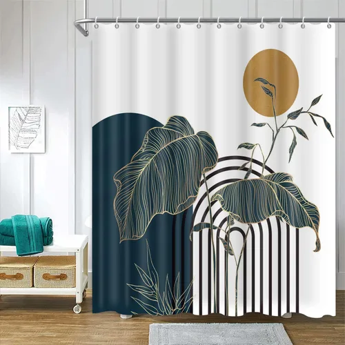 Miniatura 14 de Cortina de ducha abstracta bohemia para decoración de baño, moderna planta tropical, decoración botánica de hojas de palmera, decoración de baño
